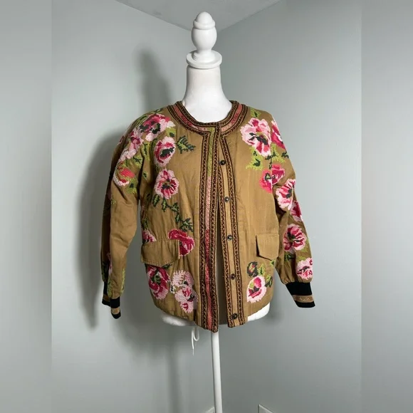 Anthropologie Floral Embroidered Boho Bomber Jacket Size XS - Picture 2 of 15